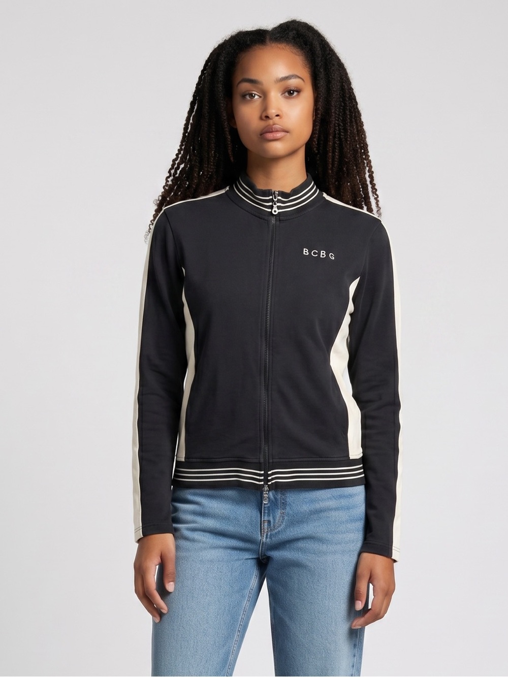 BCBGMAXAZRIA Black and Cream Zip-Front Track Jacket. Vintage Y2K. Sporty. M